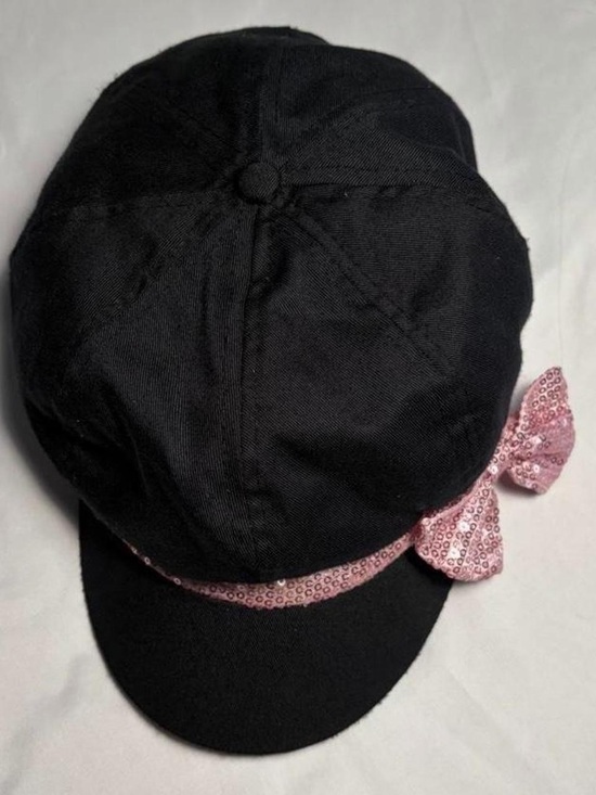 Y2K Black Newsboy Cap with Pink Sequin Bow main image 6